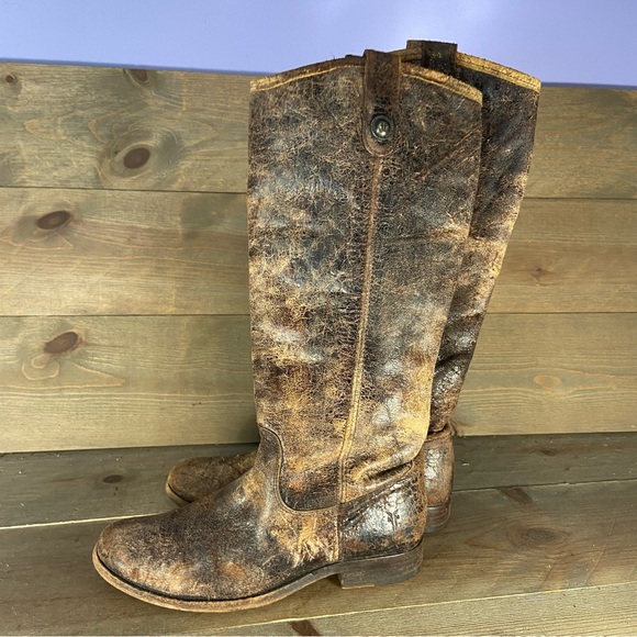 Frye Melissa Womens size 6.5 B shoes brown leather distressed riding tall boots - Picture 1 of 9